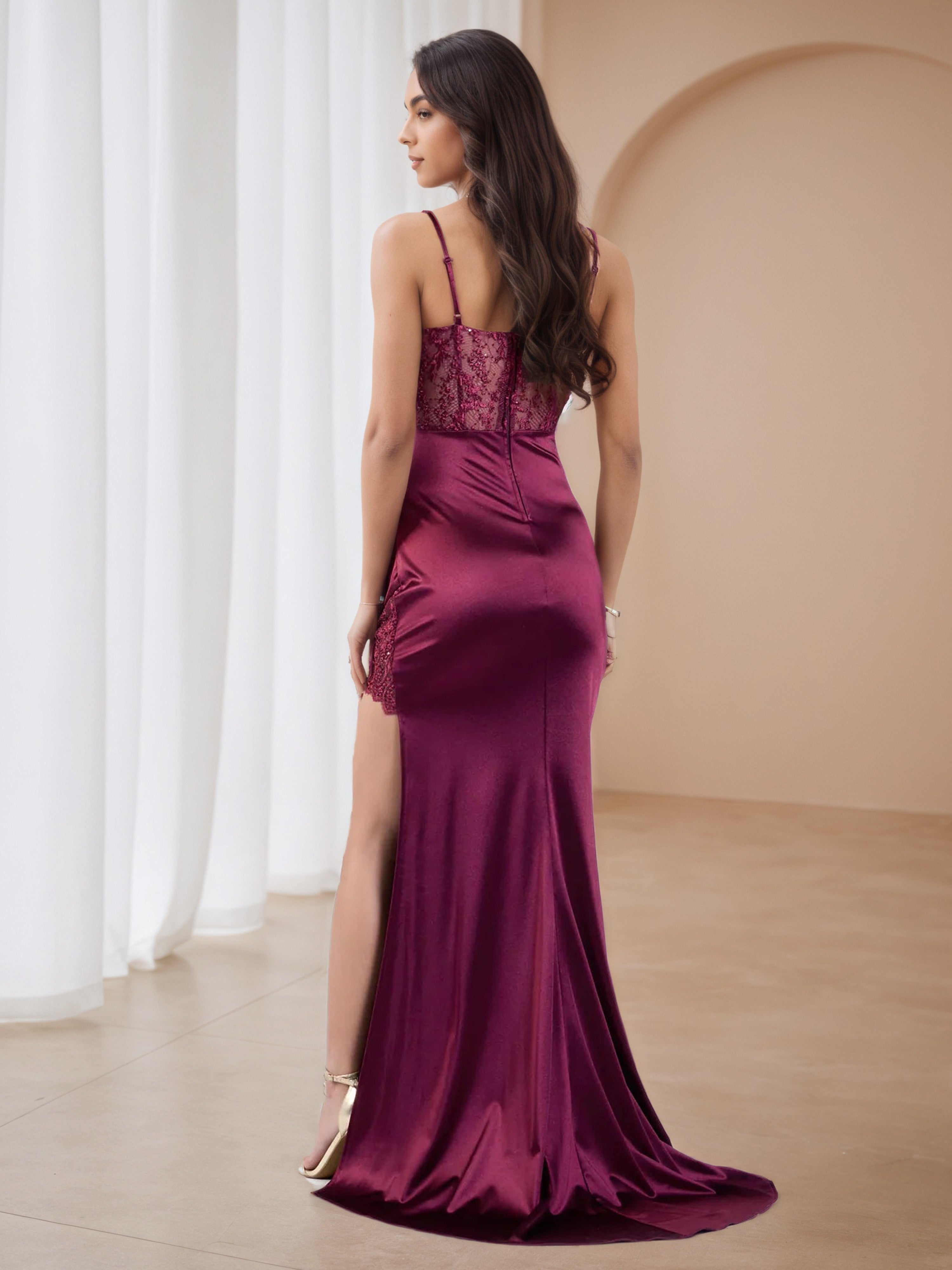 Mulberry Lace Appliques Sweep/Brush Train Trumpet/Mermaid Formal Dresses