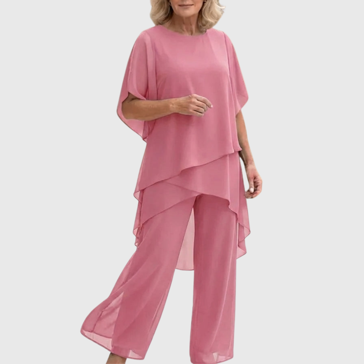 Layered Chiffon Cape Top and Wide Leg Pants Two Piece Set
