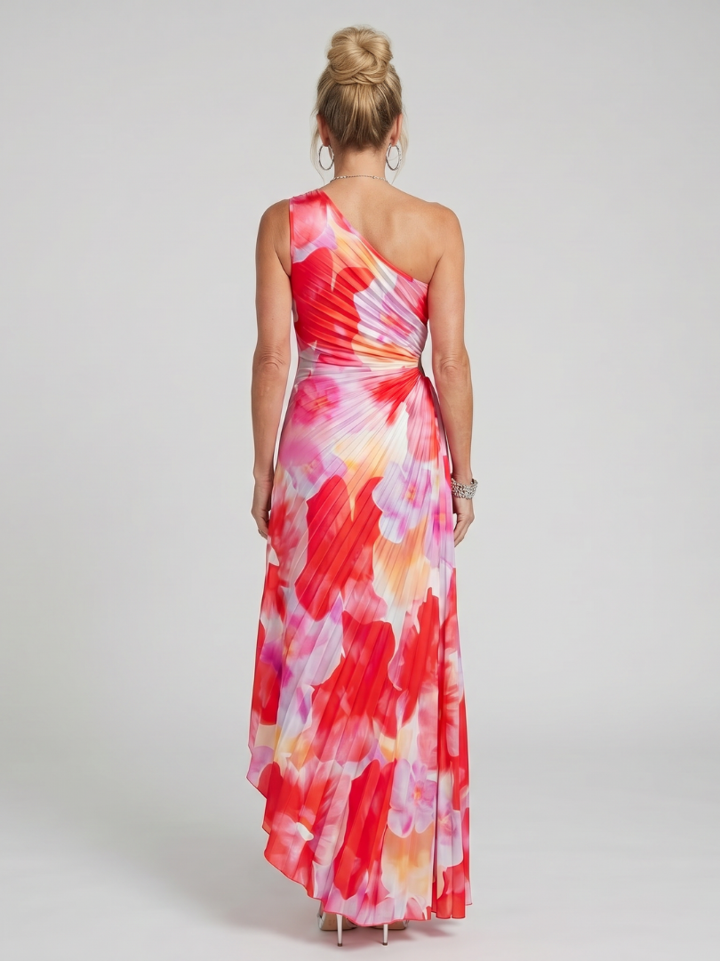 One Shoulder Floral Ruched Maxi Dress