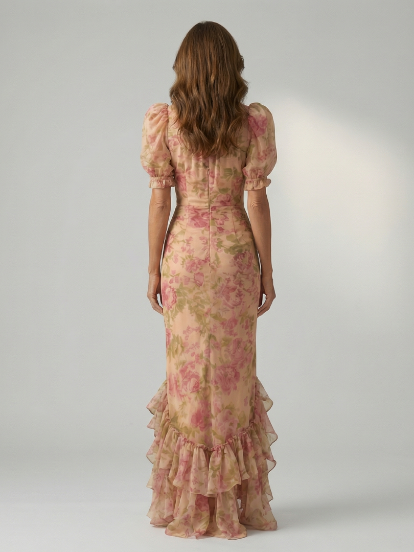 High Neck Puff Sleeve Floral Ruffle Hem Maxi Dress