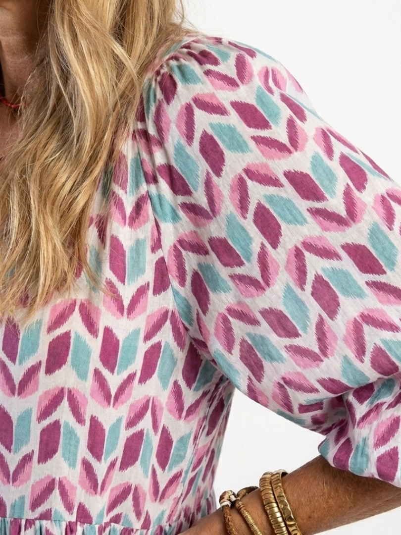 Geometric Print V-Neck Long Sleeve Tiered Maxi Dress