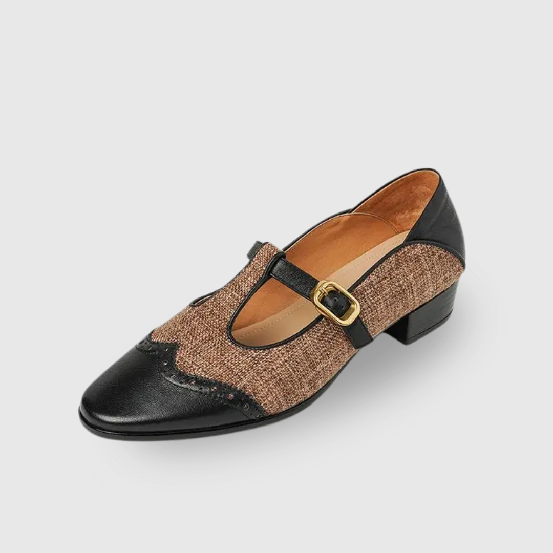 Pointed Toe T-Strap Buckle Brogue Flats