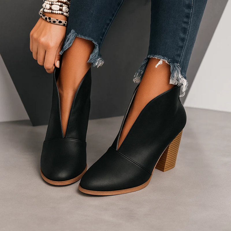 Pointed Toe Cut Out V Front Block Heel Ankle Boots 7