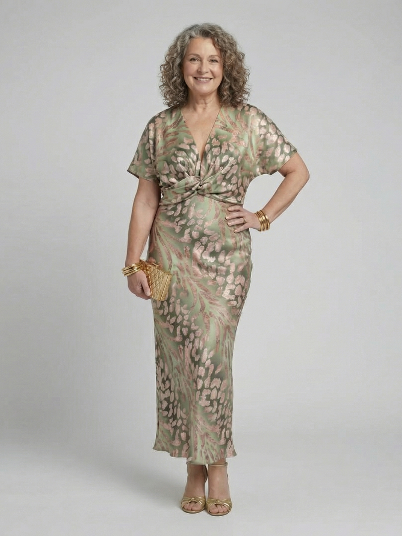 Animal Print Deep V-Neck Twist Waist Midi Dress