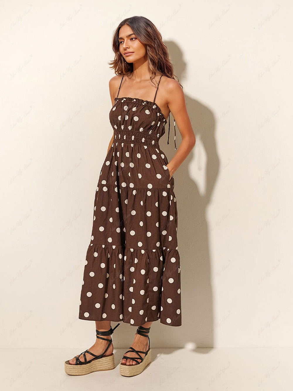 Polka Dot Smocked Bodice Tie Strap Tiered Midi Summer Dress 2