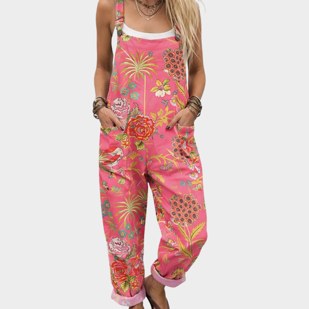 Floral Print Wide Leg Overall Jumpsuit