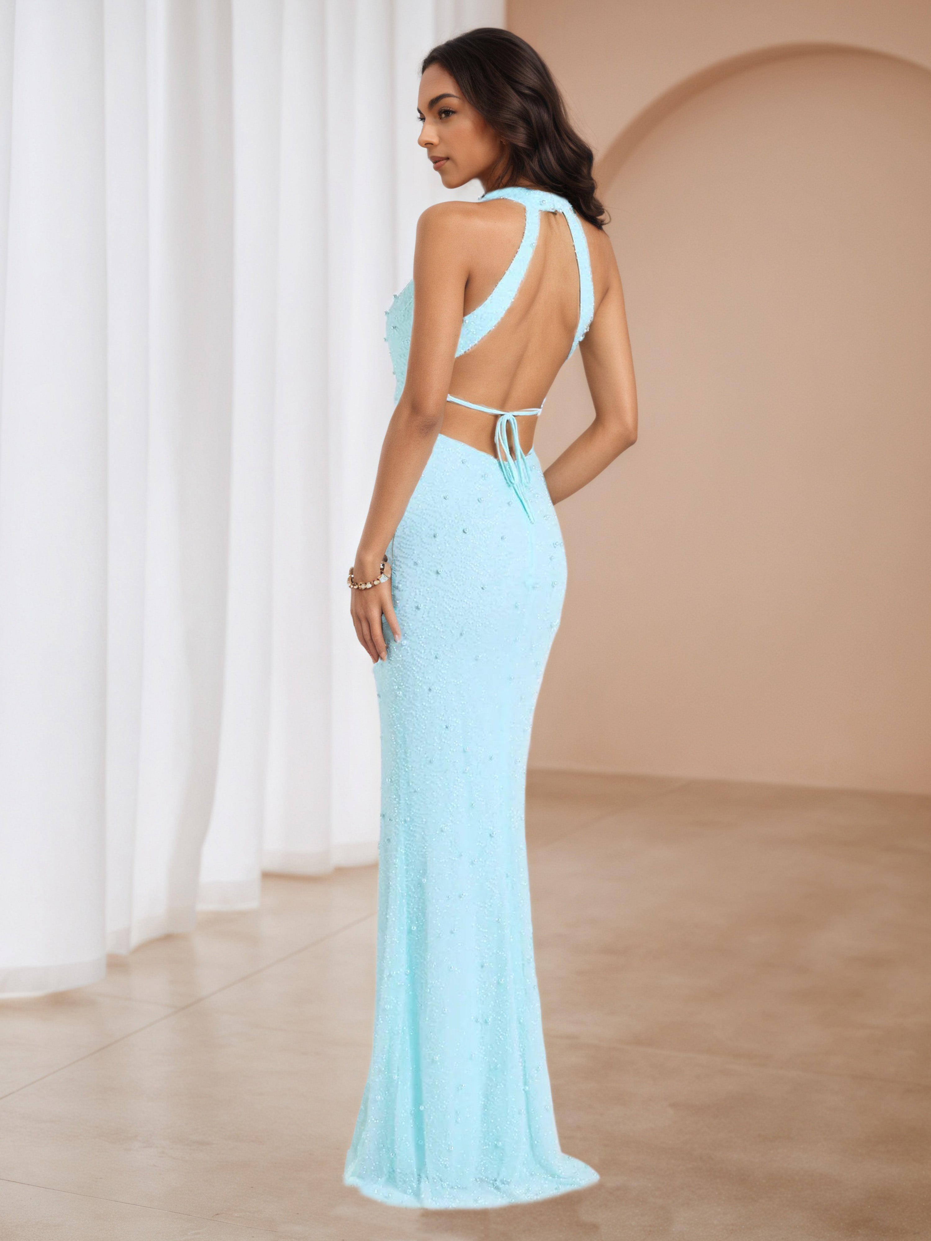 Sky Blue Halter Trumpet/Mermaid Floor Length Formal Dresses