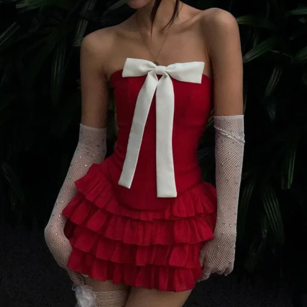 Strapless Bow Tiered Ruffle Mini Dress 2