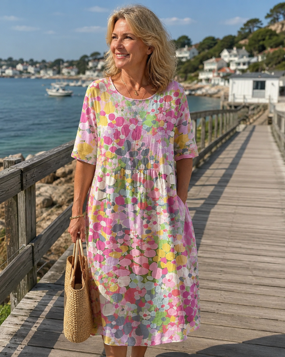 Floral Dot Print Round Neck Short Sleeve Midi Dress