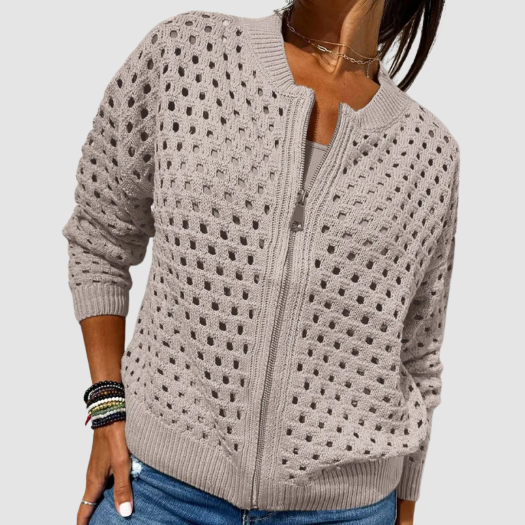 Open Knit Zip Front Bomber Cardigan