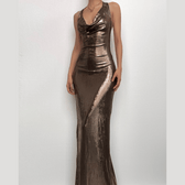 Metallic Cowl Neck Ruched Halter Backless Maxi Dress 2