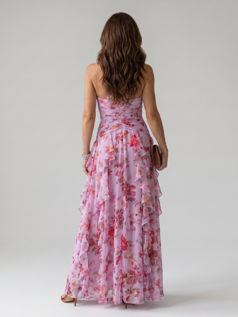 Halter Neck Deep V-Neck Ruffle Floral Maxi Dress