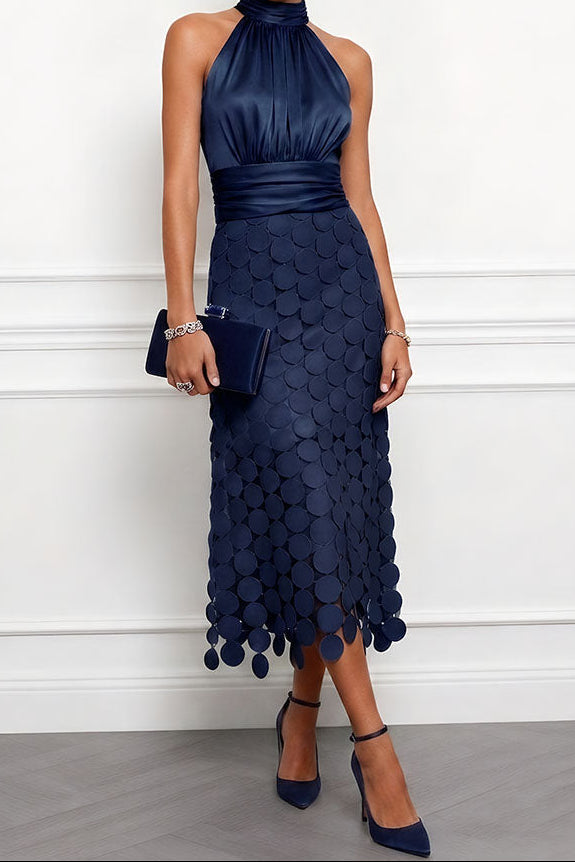 Halter Neck Satin Bodice Laser Cut Disc Midi Dress