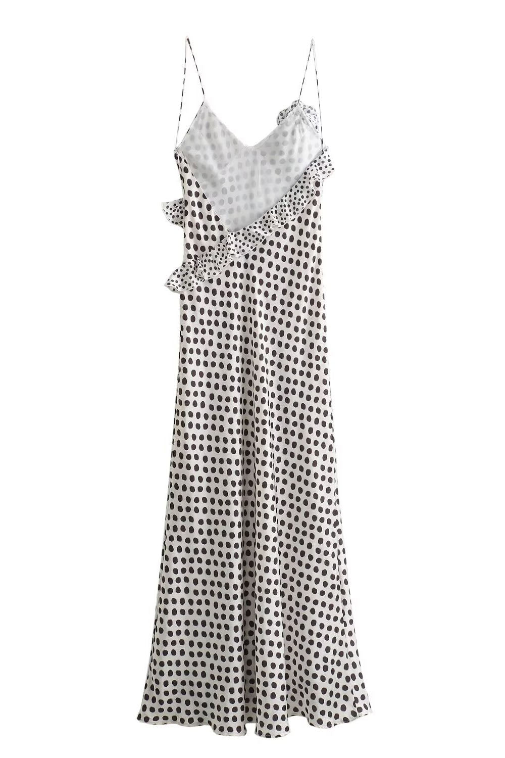 Polka Dot Ruffle Trim Spaghetti Strap Mermaid Maxi Dress 3