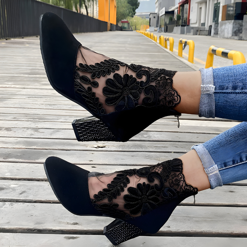 Floral Lace Mesh Embellished Block Heel Ankle Boots