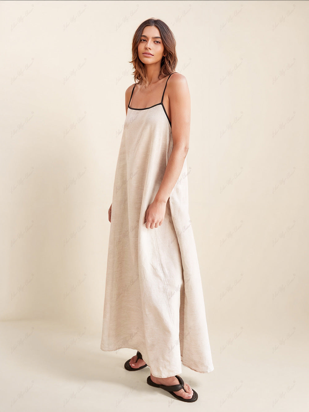 Contrast Trim Straight Neck Spaghetti Strap Linen-Look Trapeze Maxi Dress 2
