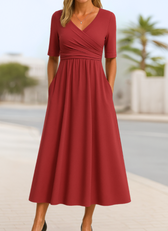 Faux Wrap V-Neck Short Sleeve A-Line Midi Dress 2