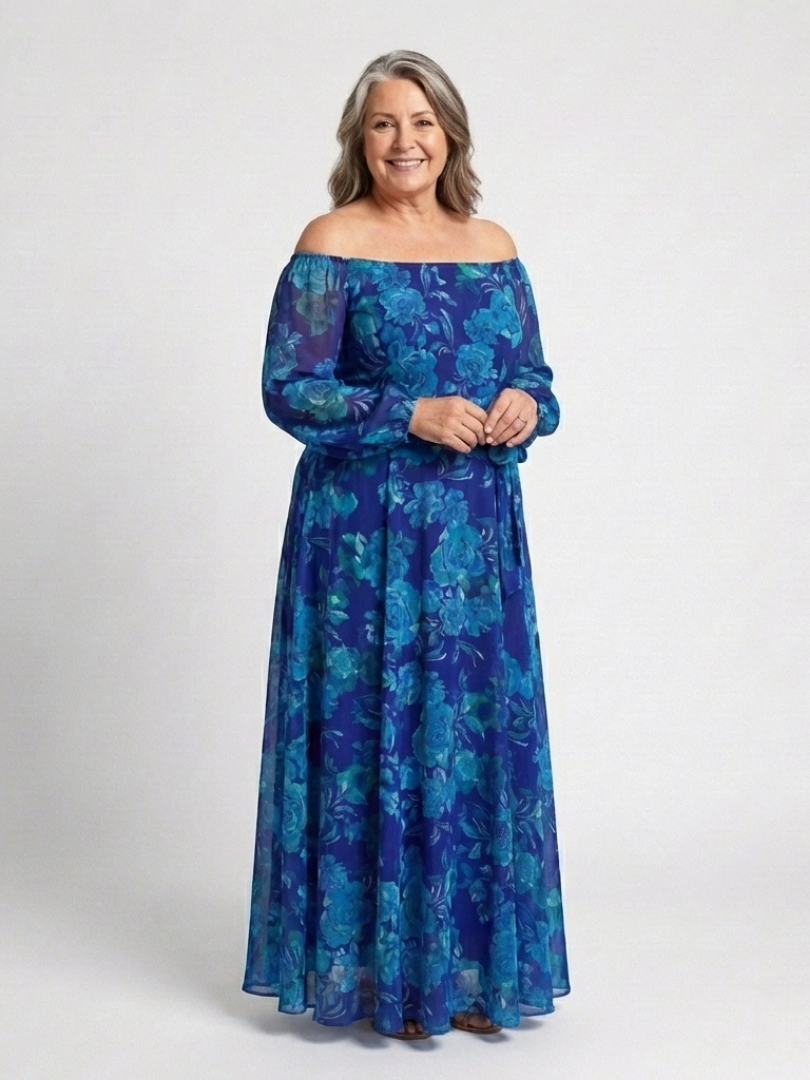 Floral Off Shoulder Long Sleeve Belted Maxi Dress