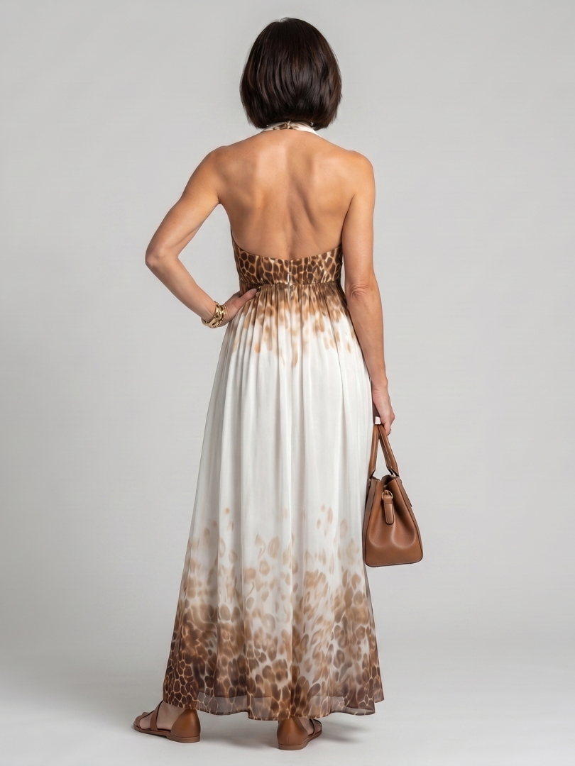 Leopard Print Halter Neck Deep V Plunge Maxi Dress 4