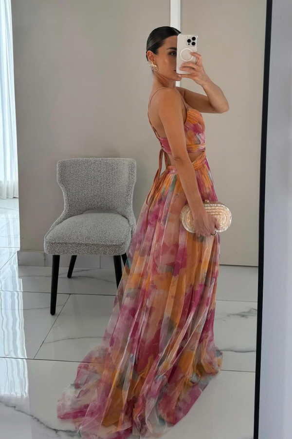 Floral Print Tulle V-Neck Spaghetti Strap High Split Maxi Gown
