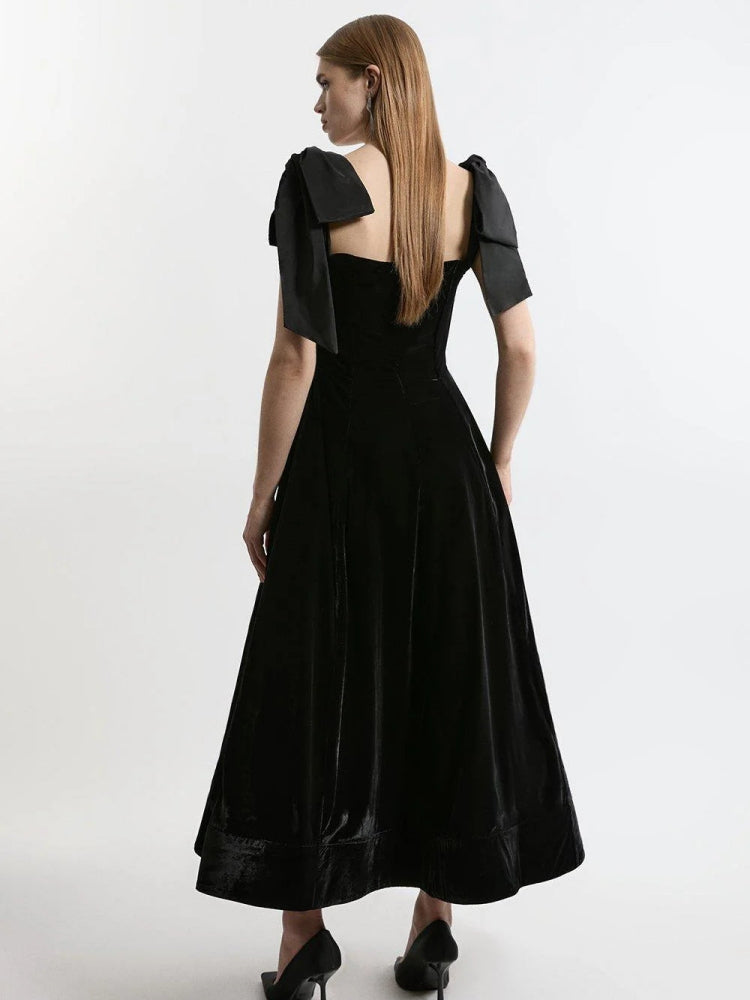 Velvet Square Neck Bow Shoulder Tie A-Line Maxi Dress 4
