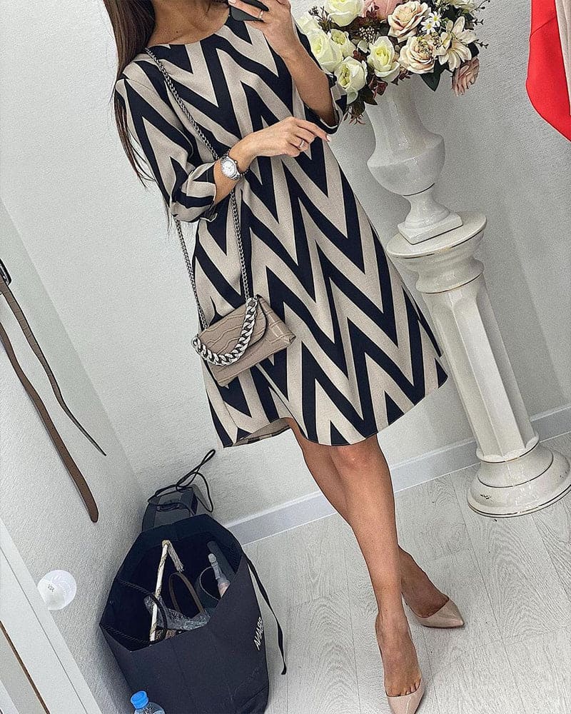 Chevron Print Crew Neck Elbow Sleeve Shift Mini Dress