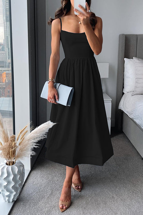 Vina | Chic Strappy A-Line Midi Dress Black