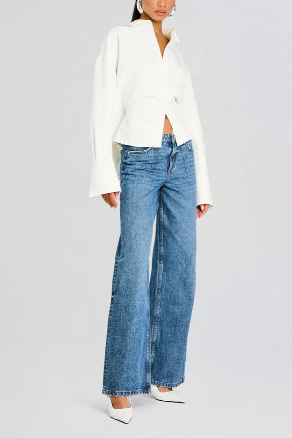 Collared Long Sleeve Corset Waist Cropped Shirt