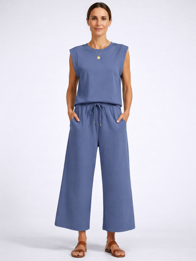 Sleeveless Top and Drawstring Wide Leg Pants Two Piece Set