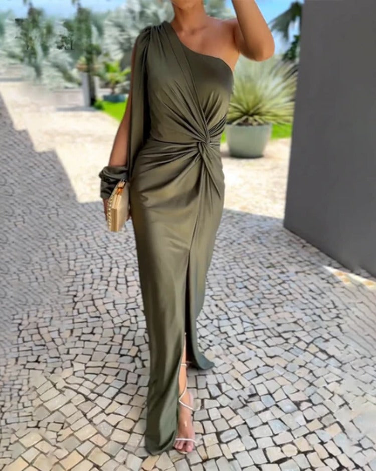 One Shoulder Long Sleeve Ruched Satin High Split Gown