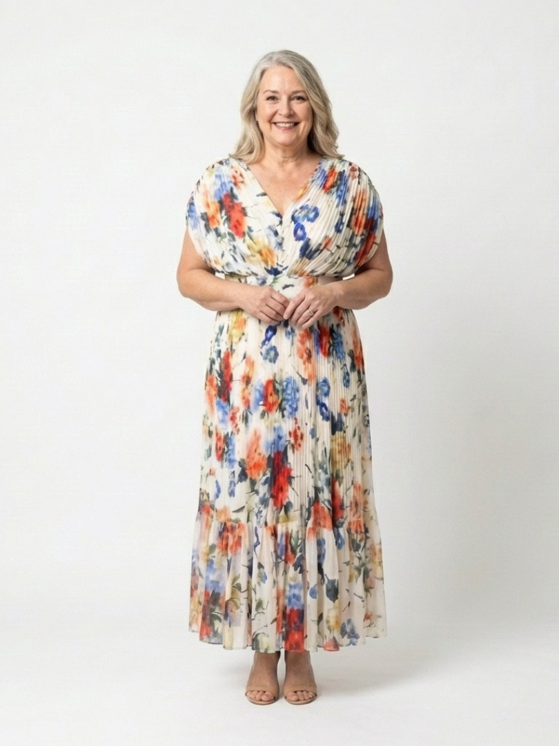 Watercolor Floral V-Neck Pleated Maxi Dress