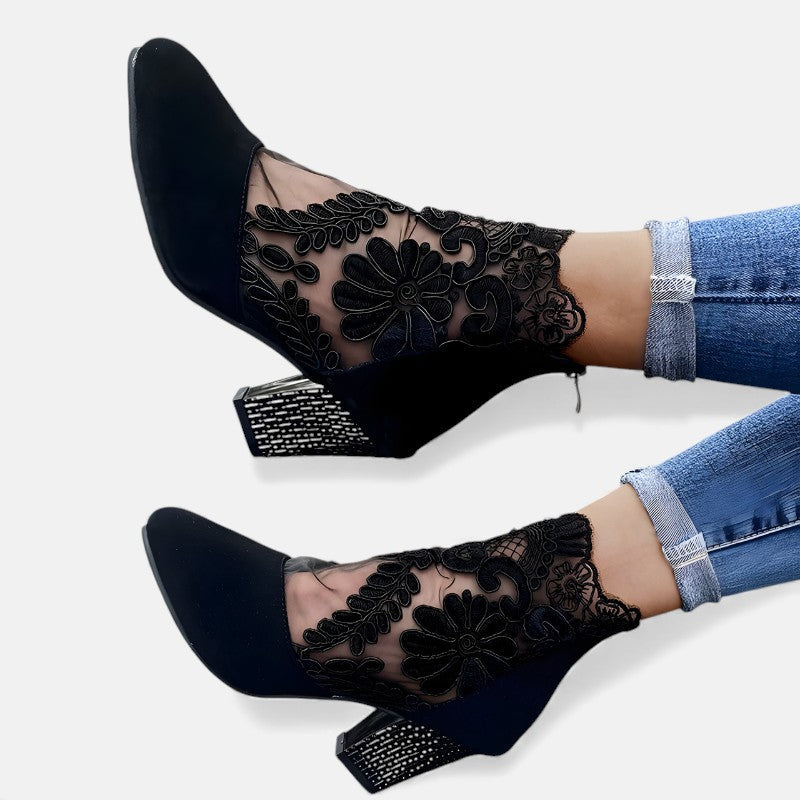 Floral Lace Mesh Panel Studded Block Heel Ankle Boots