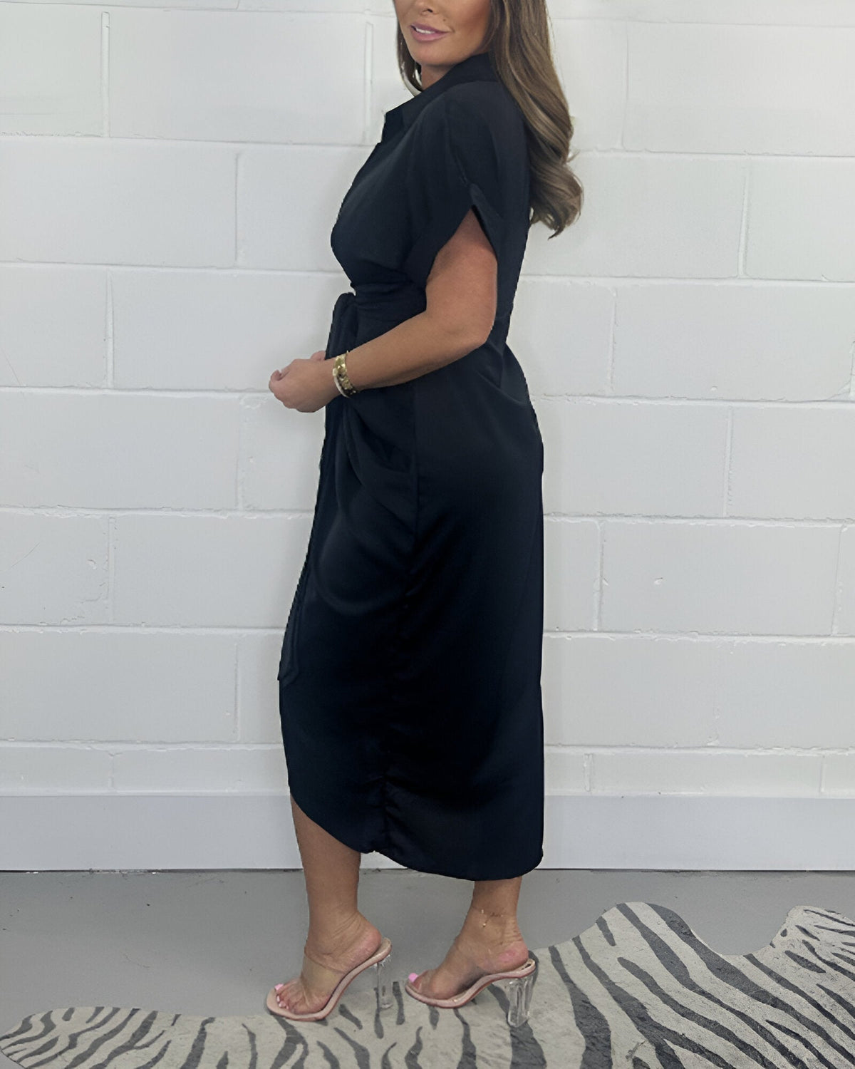 Collared Short Sleeve Tie Waist Ruched High Low Shirt Dress 15