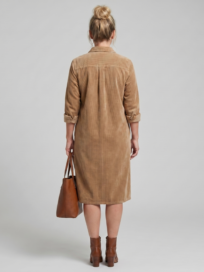 Long Sleeve Button Front Patch Pocket Corduroy Shirt Dress