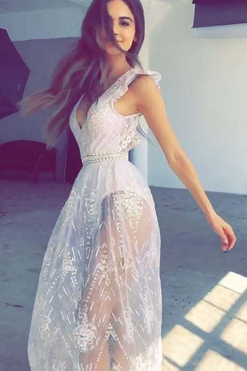 Deep V-Neck Ruffle Strap Sheer Embroidered Lace Beaded Waist Maxi Dress
