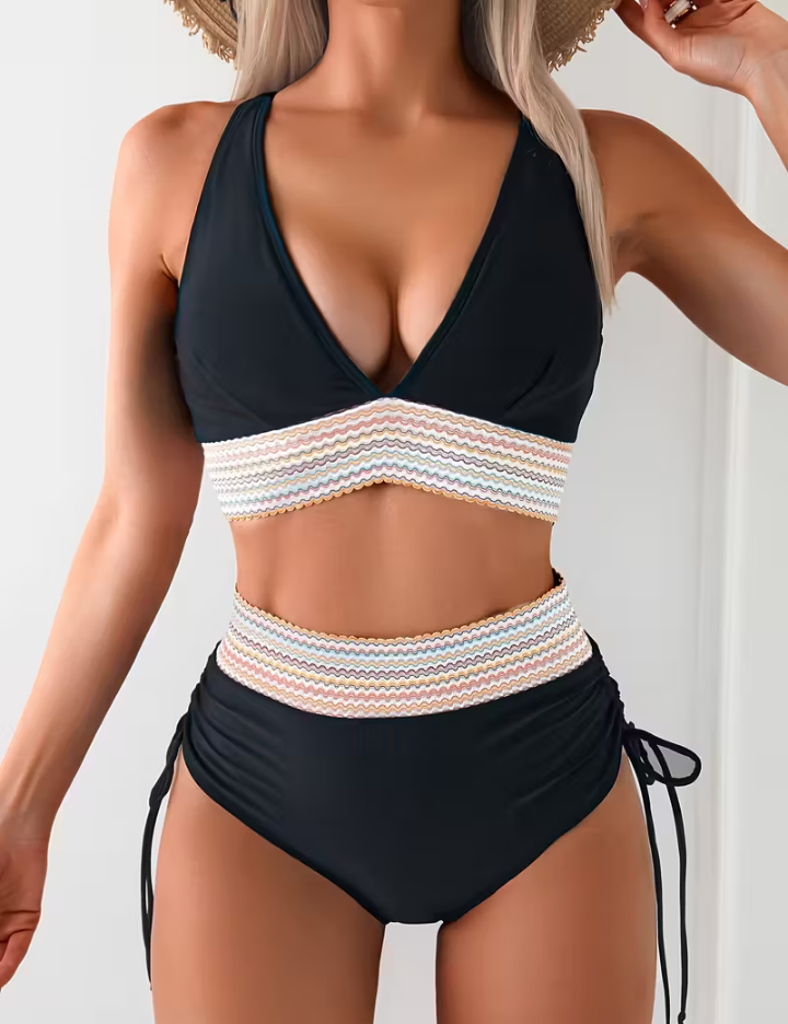 Triangle Top Ruched Chevron Trim High Waist Bikini Set