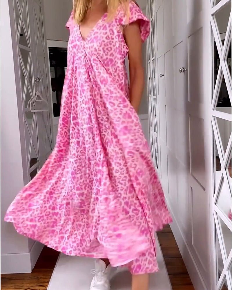 Leopard Print V-Neck Cap Sleeve Maxi Dress