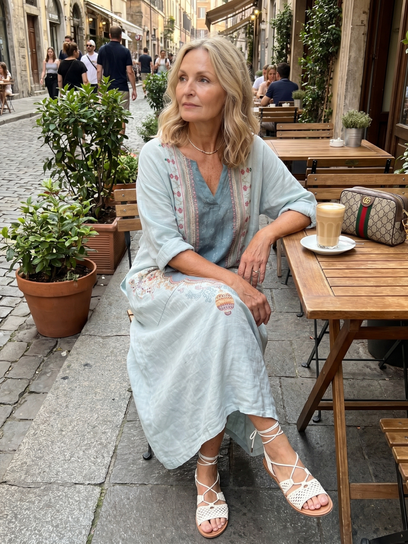 Ornate Medallion Print V-Neck Long Sleeve Linen Look Maxi Dress