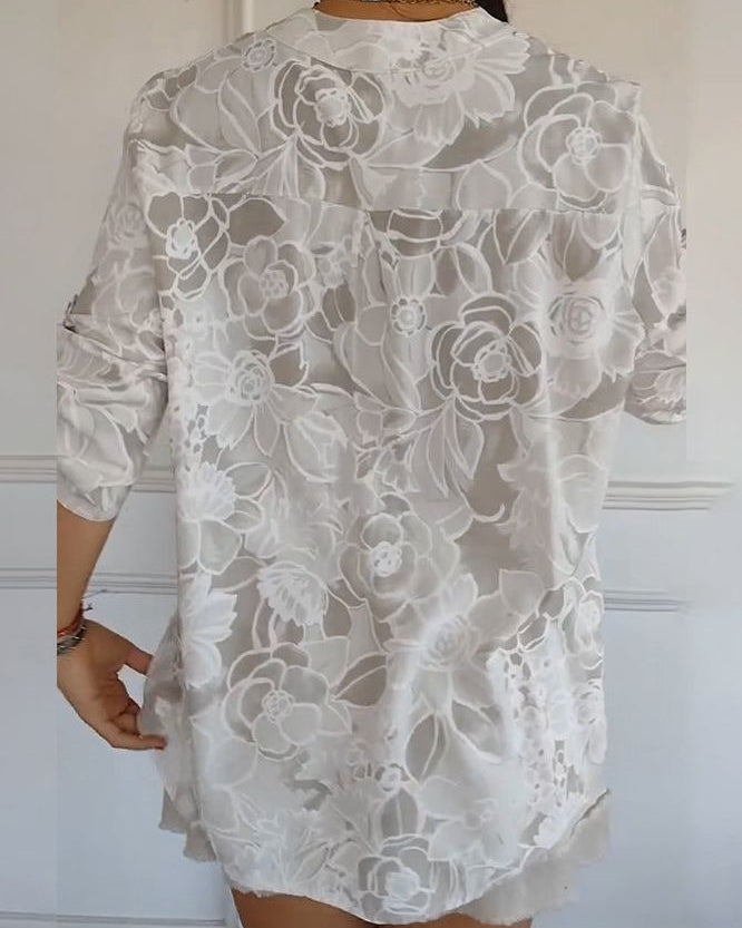 Floral Print Sequin Pocket Half Sleeve Blouse