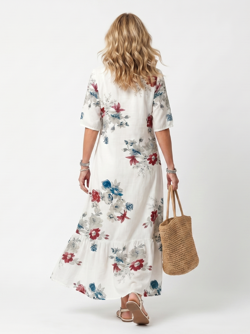 Floral V-Neck Tie Neck Short Sleeve Tiered Maxi Dress