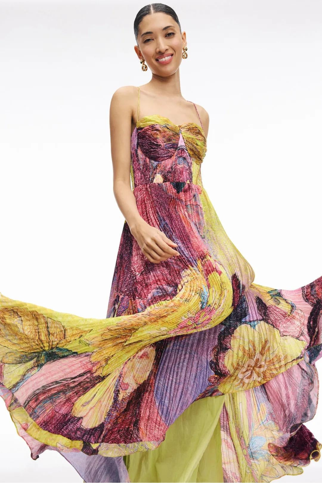 Floral Print Spaghetti Strap Bustier Pleated Maxi Dress