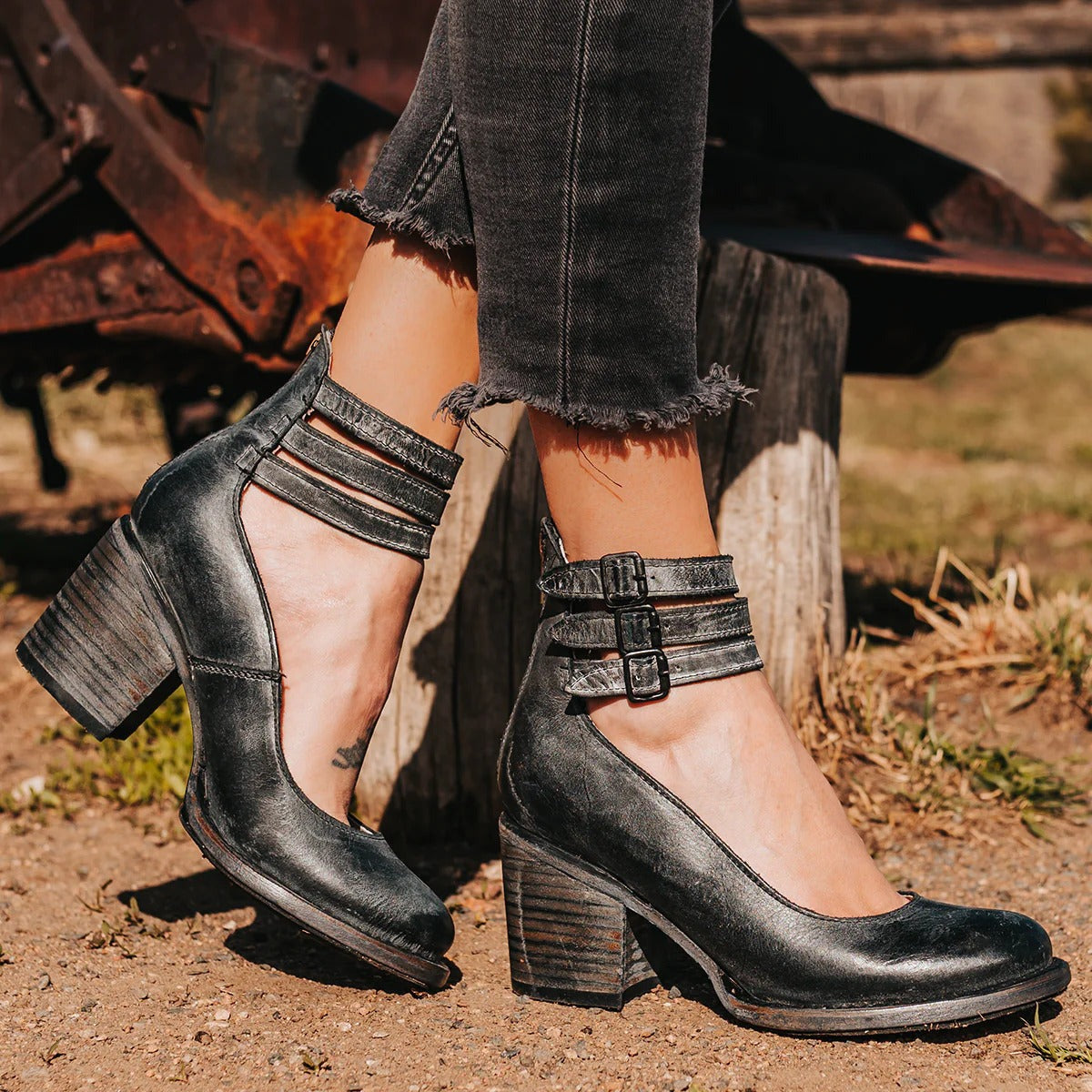 Round Toe Triple Ankle Strap Buckle Block Heel Pumps