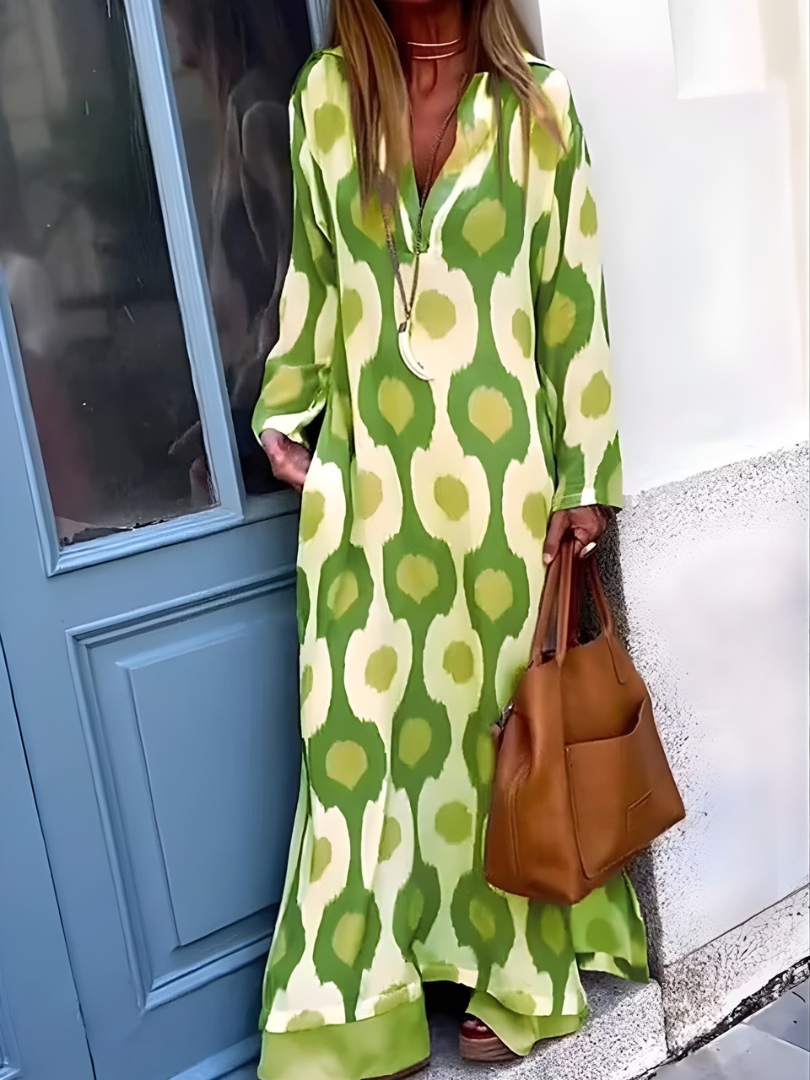 Ikat Print Long Sleeve Split Neck Maxi Dress