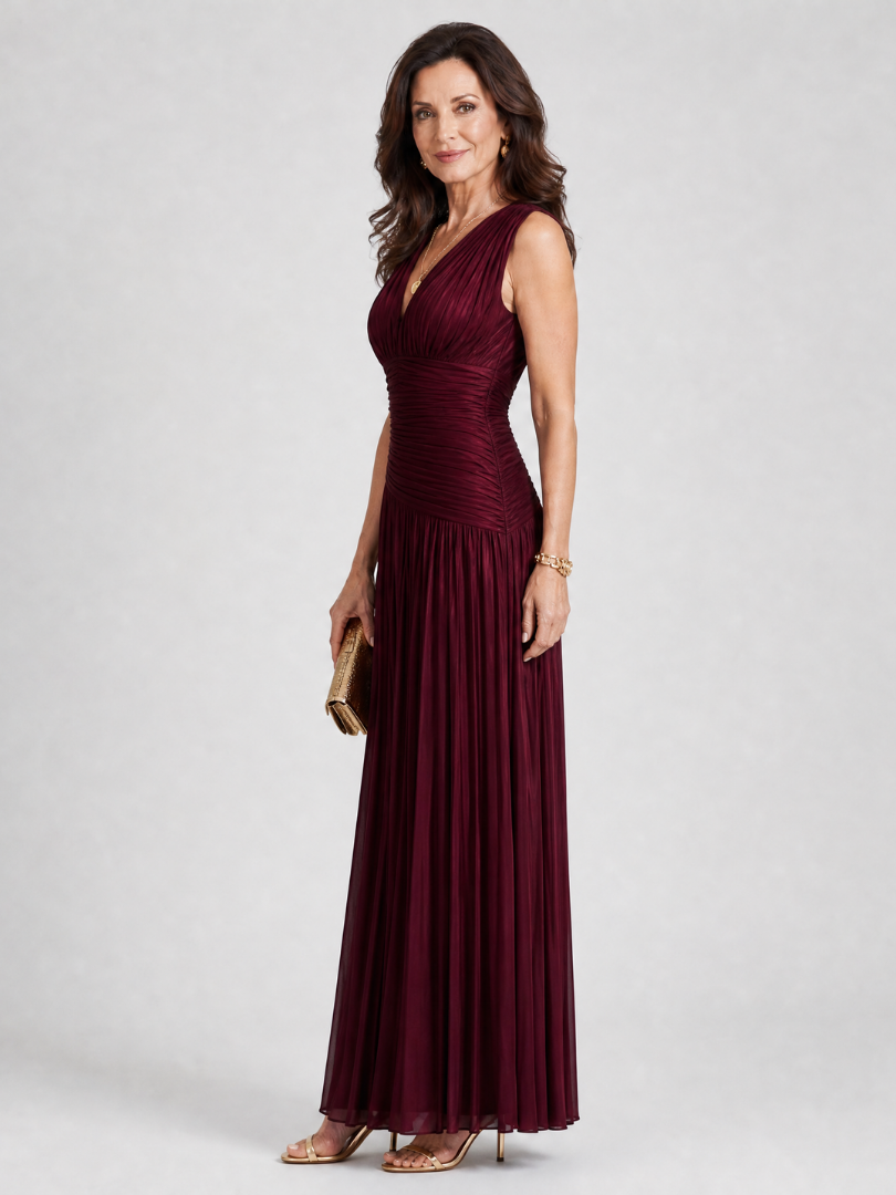 Pleated V-Neck Sleeveless Ruched Waist Maxi Gown
