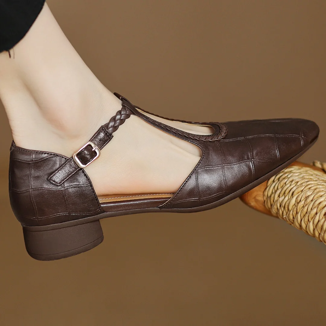 Pointed Toe Braided T-Strap Flats