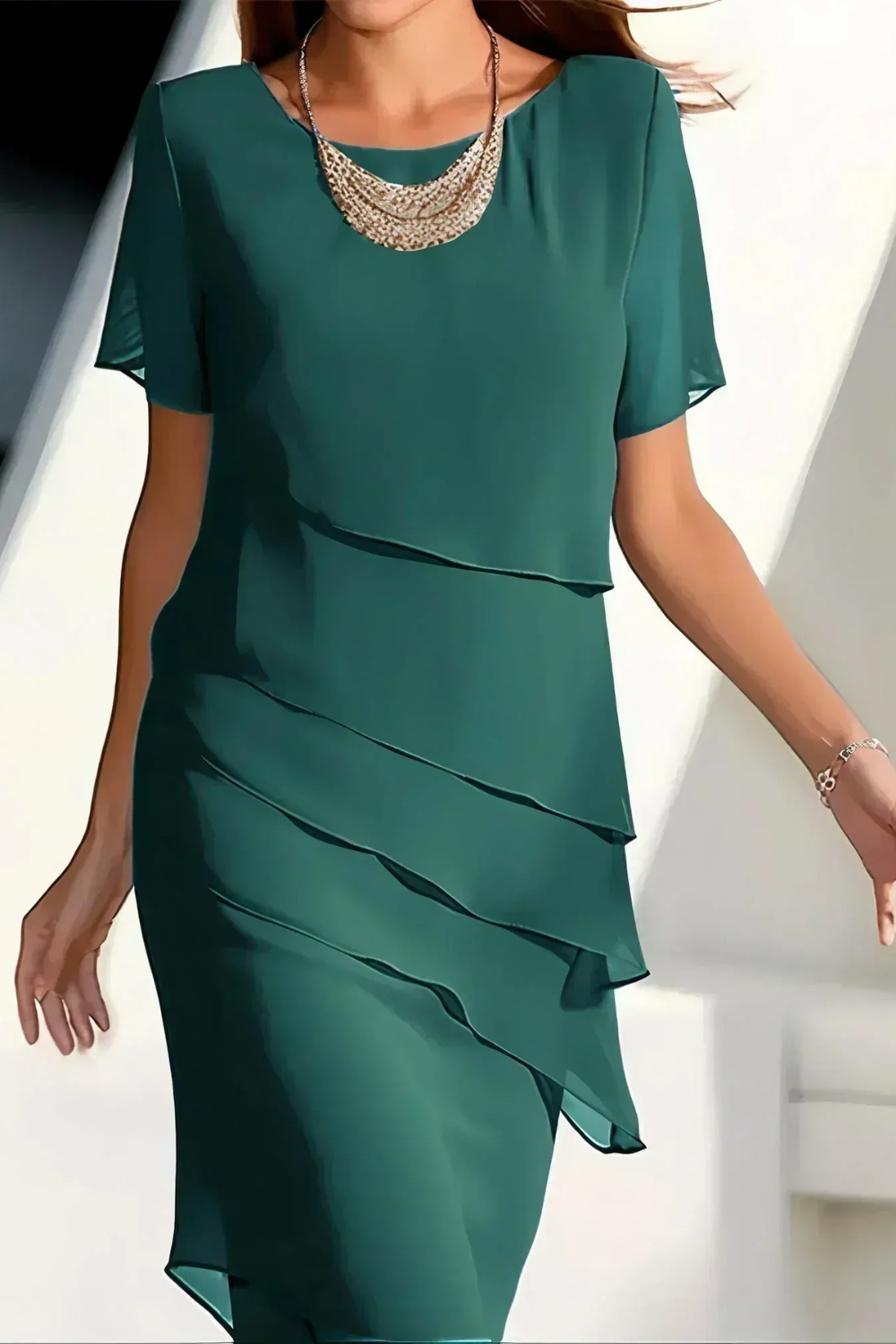 Round Neck Short Sleeve Tiered Ruffle Chiffon Midi Dress
