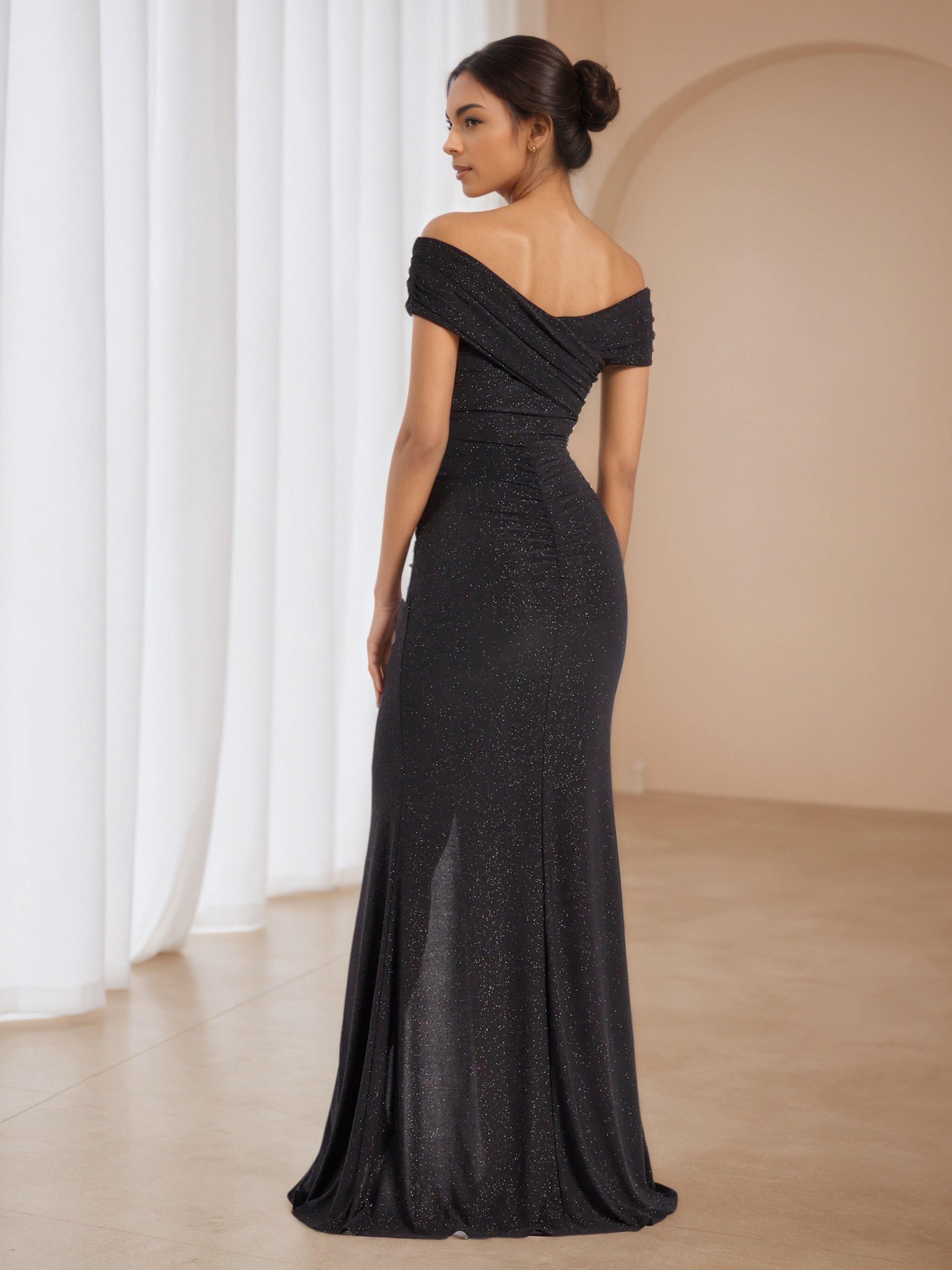 Black Off The Shoulder Glitter Split Formal Dresses