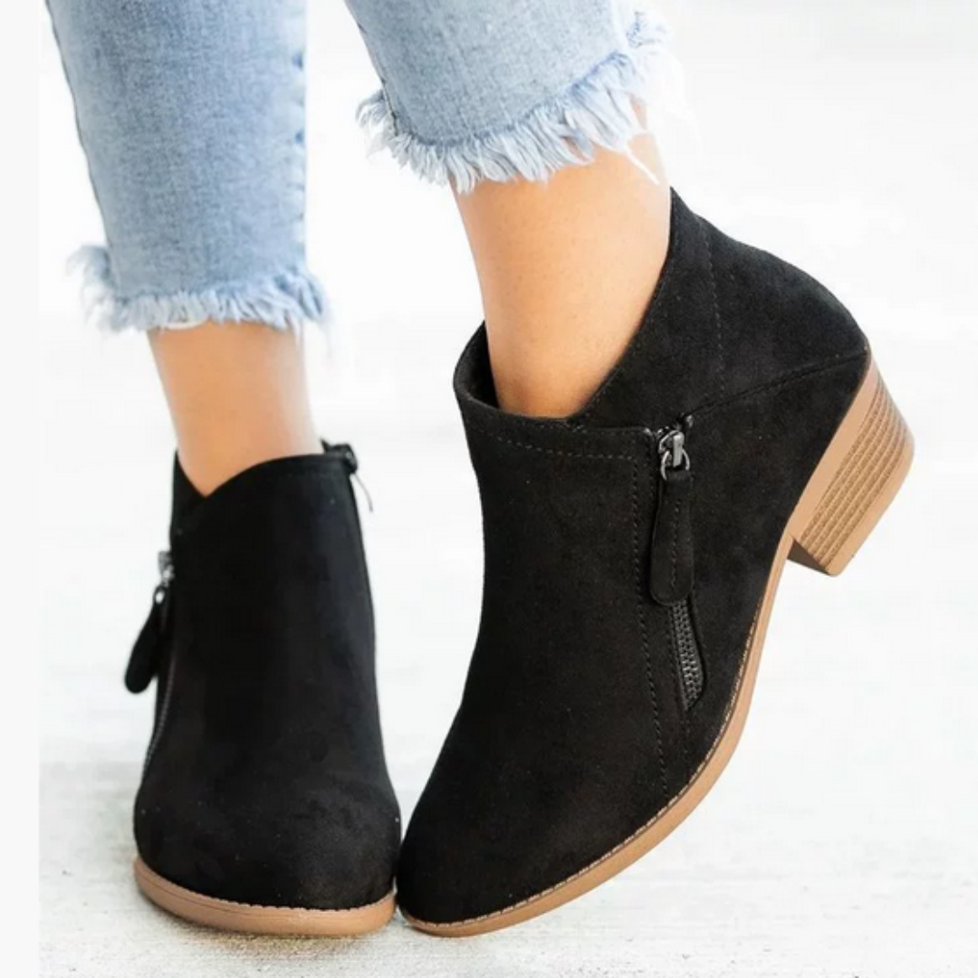 Side Zip Pointed Toe Stacked Block Heel Ankle Boots