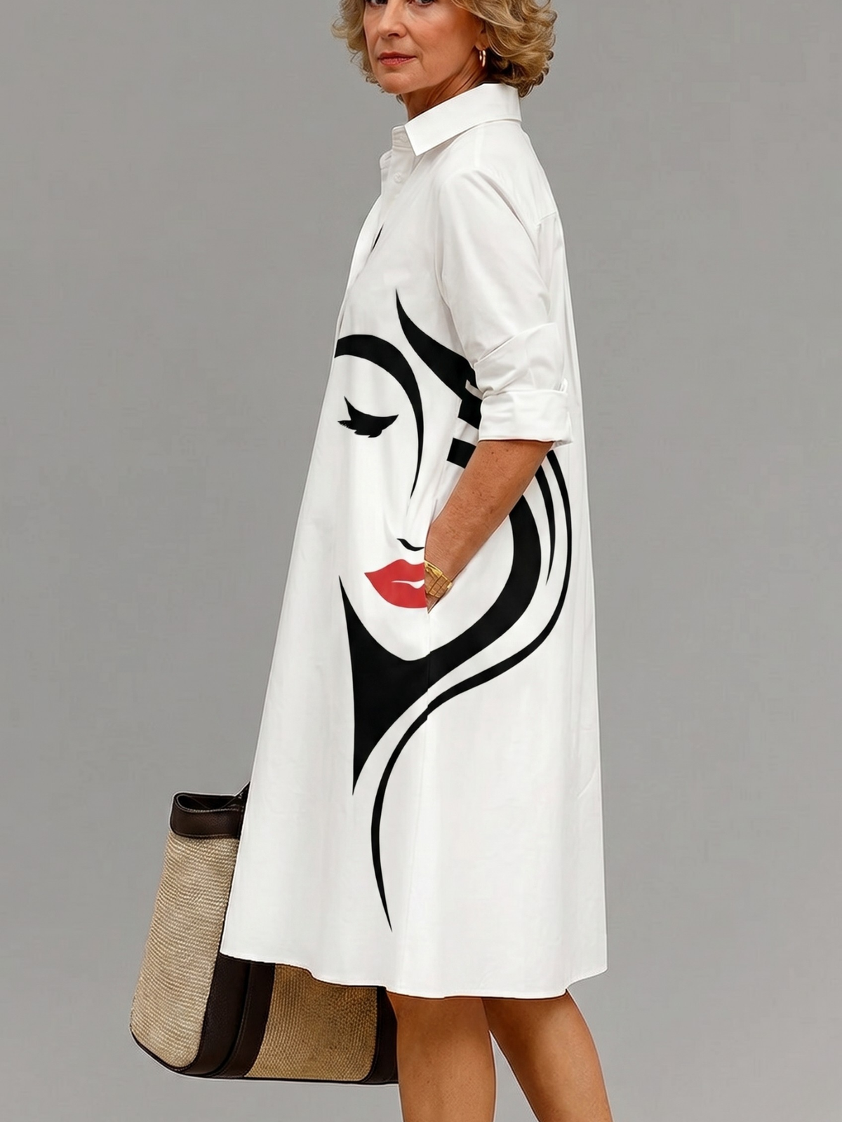 Face Print Collared Long Sleeve Button Placket Shirt Dress