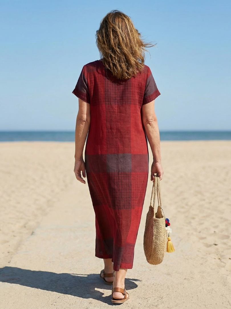 Round Neck Short Sleeve Plaid Maxi Dress